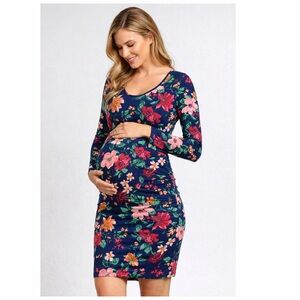 Old Navy Maternity Floral Dress M Navy Long Sleeve Bodycon Stretch